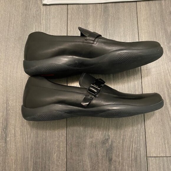Prada Black Leather Silver Buckle Rubber Sole Slip On Loafers Size 11 NWT - Picture 5 of 13